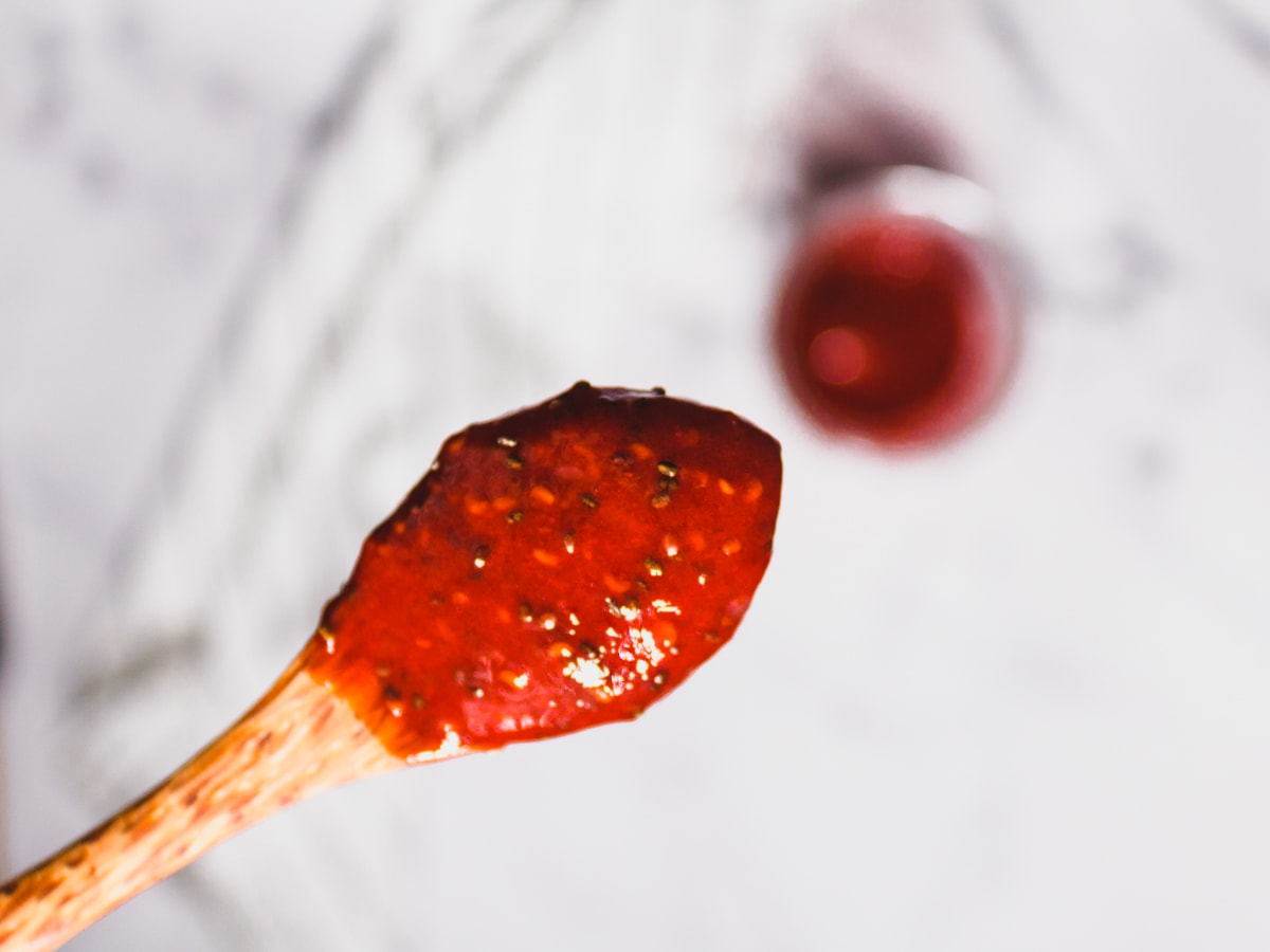 A spoonful of raspberry chia seed jam.