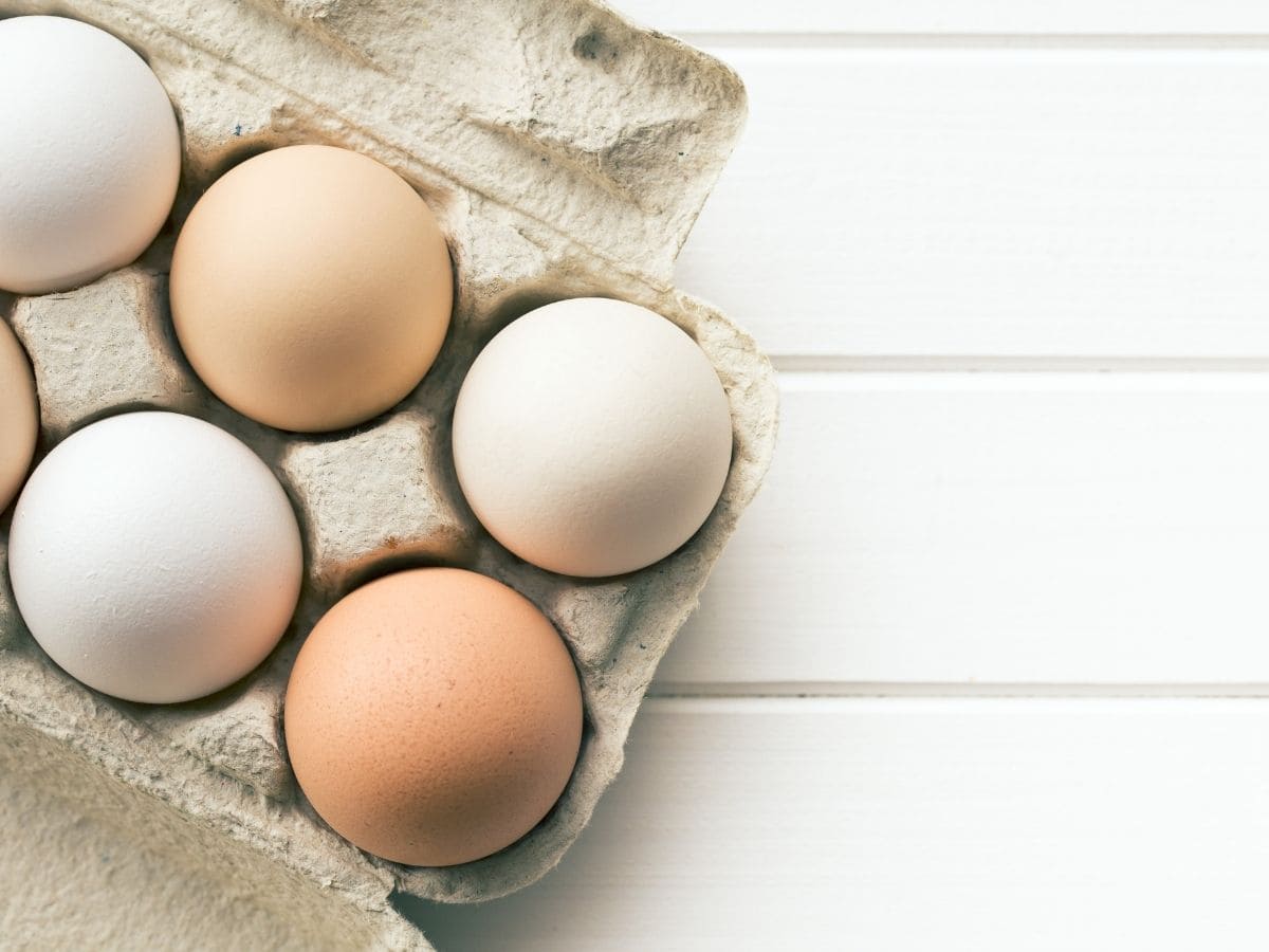 White and brown eggs in a carton on a white wooden countertop.