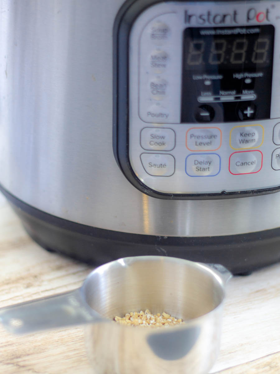 An Instant Pot on a wooden countertop with a silver measuring cup full of steel cut oats in front of it. 