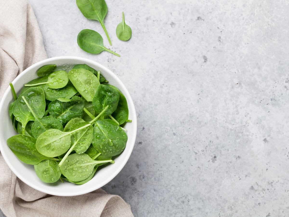 A bowl of fresh spinach on a grey countertop.