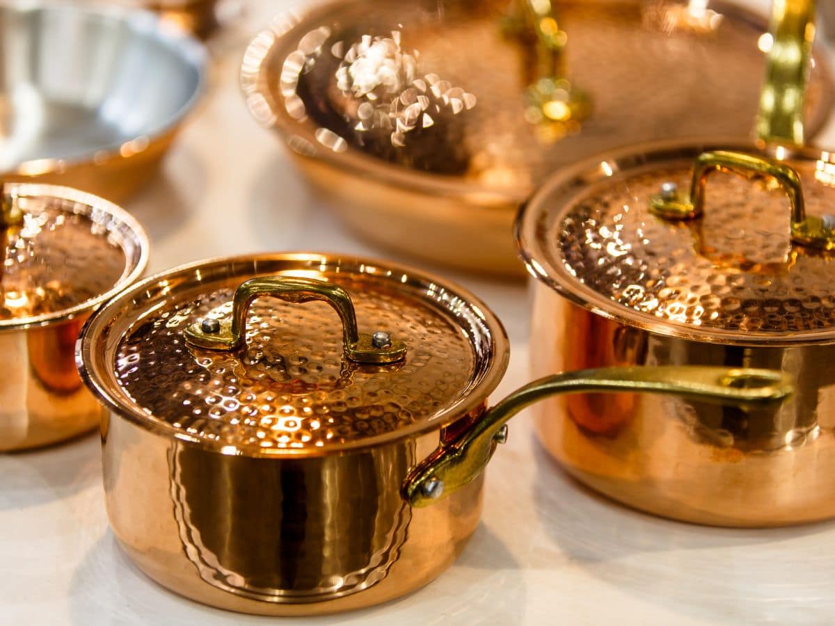 Up close shot of copper cookware.